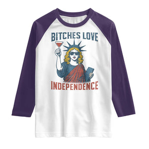 Funny 4th of July Statue of Liberty Cocktail Raglan Shirt Retro Bitches Love Independence TS02 White Purple Print Your Wear
