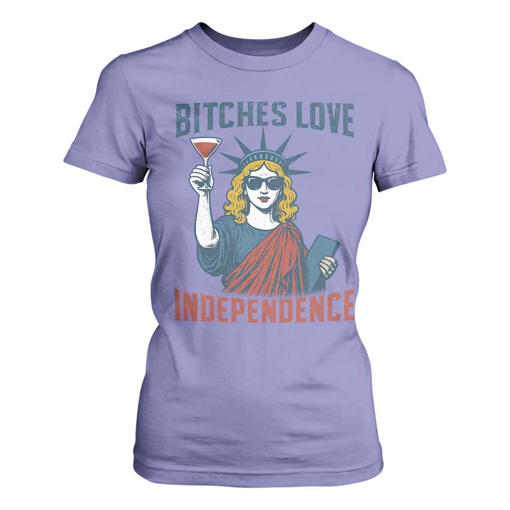 Funny 4th of July Statue of Liberty Cocktail T Shirt For Women Retro Bitches Love Independence TS02 Violet Print Your Wear