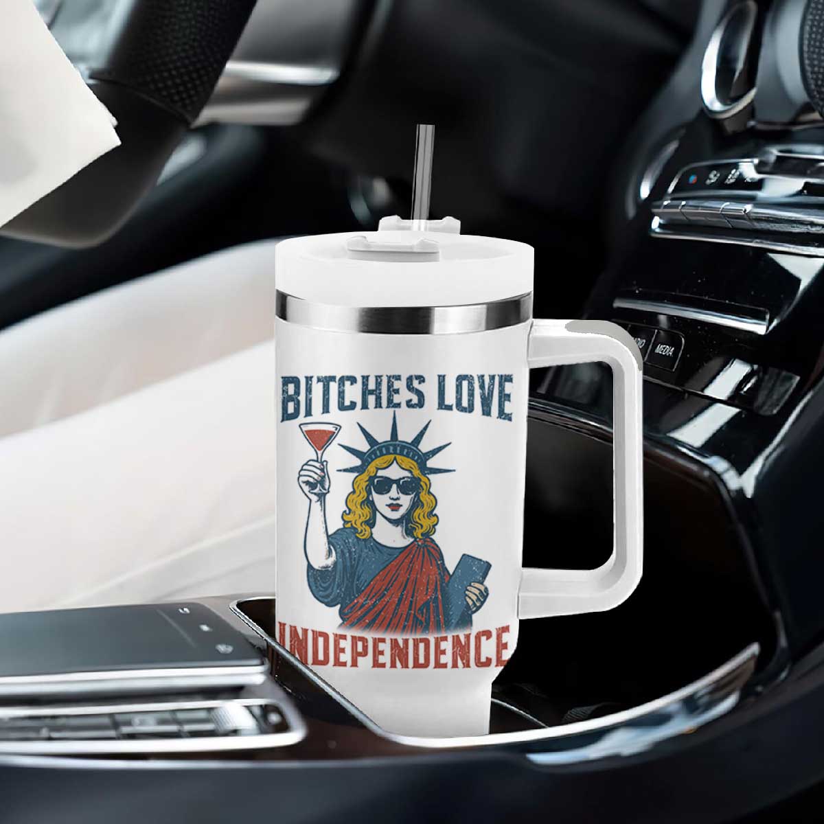 Funny 4th of July Statue of Liberty Cocktail Tumbler With Handle Retro Bitches Love Independence TS02 Print Your Wear