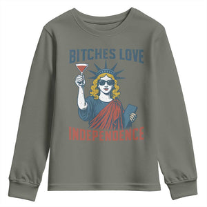 Funny 4th of July Statue of Liberty Cocktail Youth Sweatshirt Retro Bitches Love Independence TS02 Military Green Print Your Wear