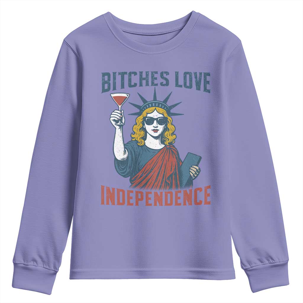 Funny 4th of July Statue of Liberty Cocktail Youth Sweatshirt Retro Bitches Love Independence TS02 Violet Print Your Wear