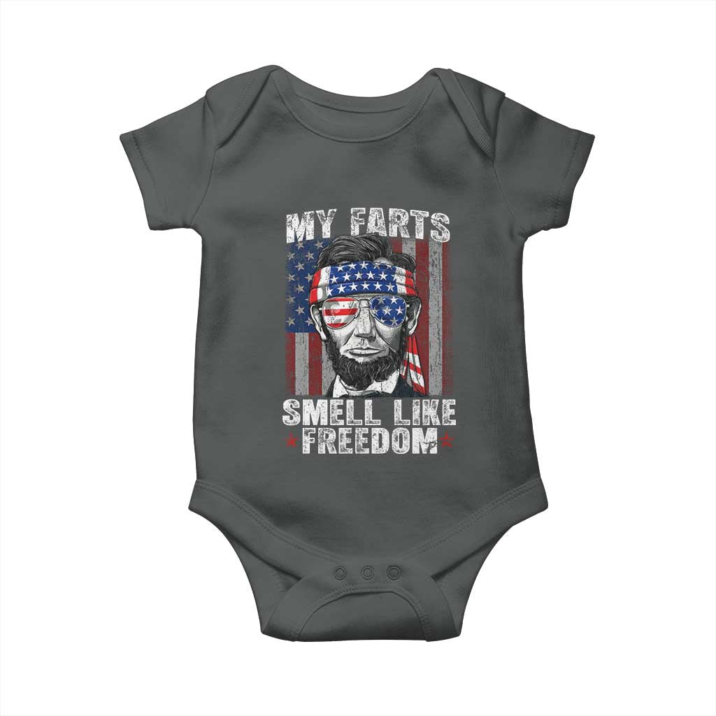 Funny Abe Lincoln 4th Of July Baby Onesie My Farts Smell Like Freedom American Flag TS10 Dark Heather Print Your Wear