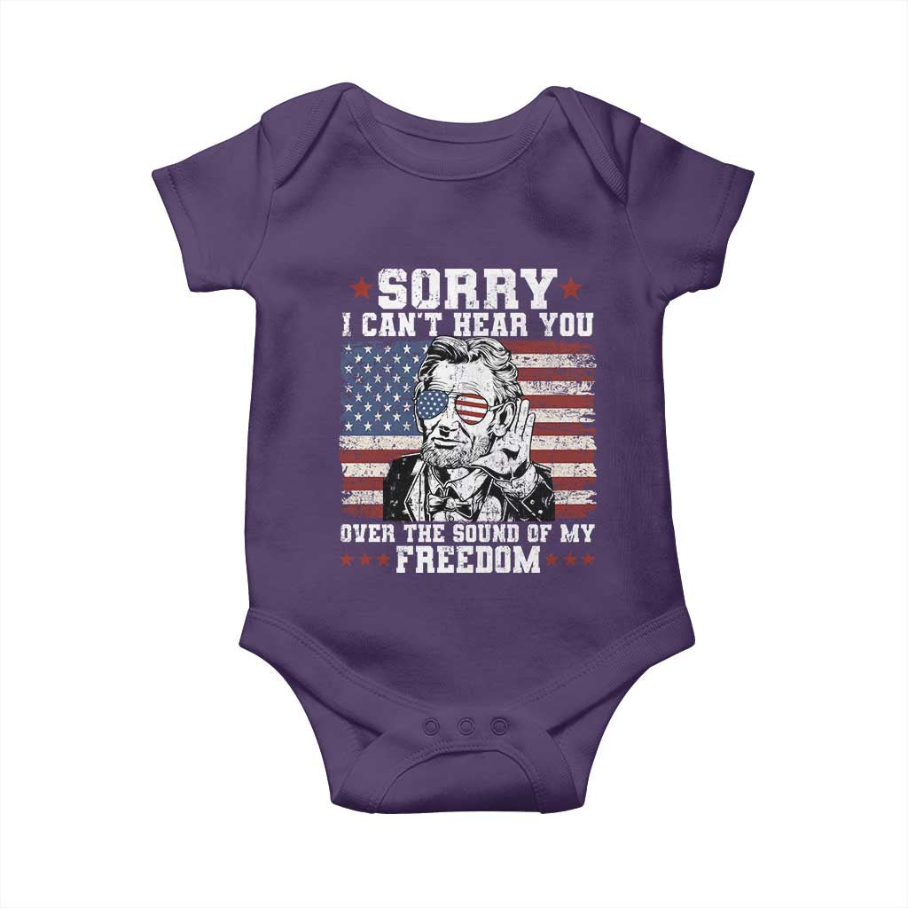 Funny Abraham Lincoln 4th Of July Baby Onesie Sorry Cant Hear You Sound Of My Freedom American Flag TS10 Purple Print Your Wear