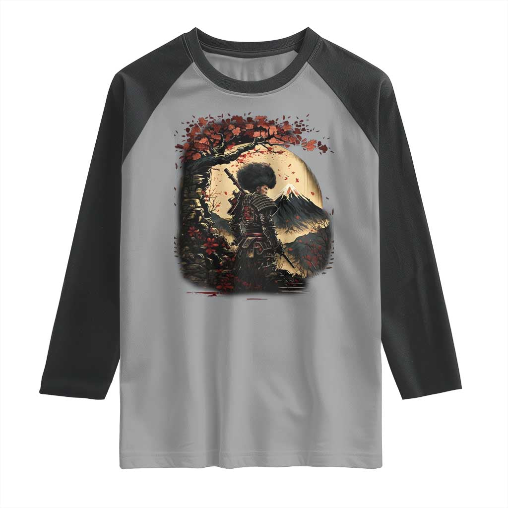 Funny African America Samurai Raglan Shirt Japanese Art Black Warrior Sakura TS11 Sport Gray Black Print Your Wear