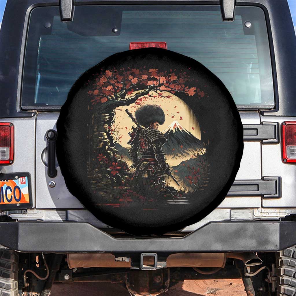 Funny African America Samurai Spare Tire Cover Japanese Art Black Warrior Sakura TS11 No hole Black Print Your Wear