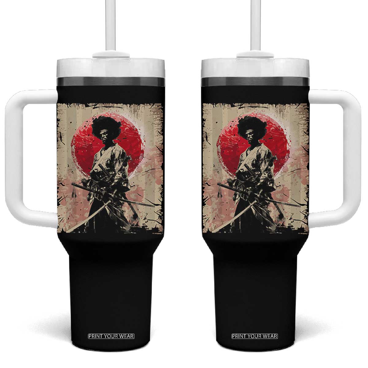 Funny African America Samurai Tumbler With Handle Japanese Art Black Warrior Fighter TS11 One Size: 40 oz Black Print Your Wear