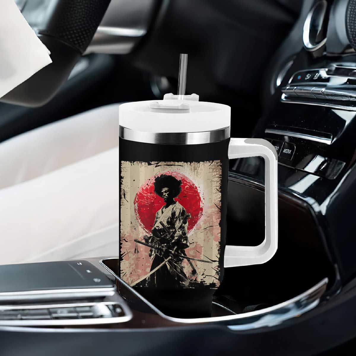 Funny African America Samurai Tumbler With Handle Japanese Art Black Warrior Fighter TS11 Print Your Wear