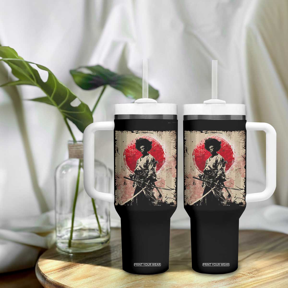 Funny African America Samurai Tumbler With Handle Japanese Art Black Warrior Fighter TS11 Print Your Wear