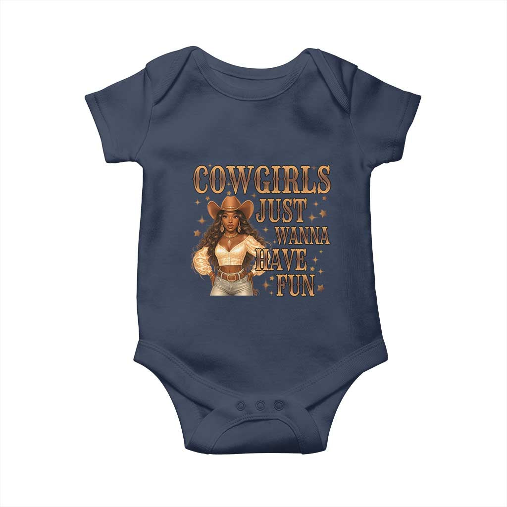 Funny African American Cowgirl Baby Onesie Cowgirls Just Wanna Have Fun Western TS11 Navy Print Your Wear