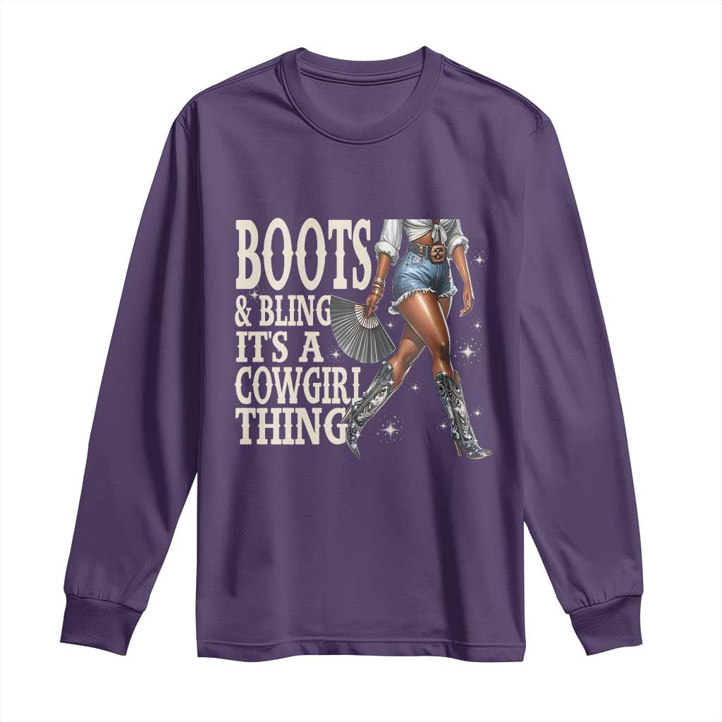 Funny African American Cowgirl Long Sleeve Shirt Boots And Bling It's A Cowgirl Thing TS11 Purple Print Your Wear