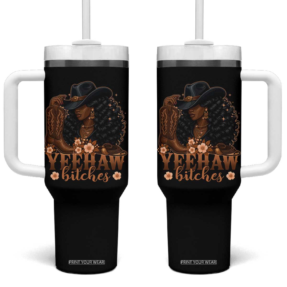 Funny African American Cowgirl Yeehaw Bitches Tumbler With Handle TS11 One Size: 40 oz Black Print Your Wear