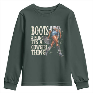 Funny African American Cowgirl Youth Sweatshirt Boots And Bling It's A Cowgirl Thing TS11 Dark Forest Green Print Your Wear