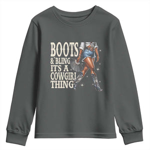 Funny African American Cowgirl Youth Sweatshirt Boots And Bling It's A Cowgirl Thing TS11 Dark Heather Print Your Wear