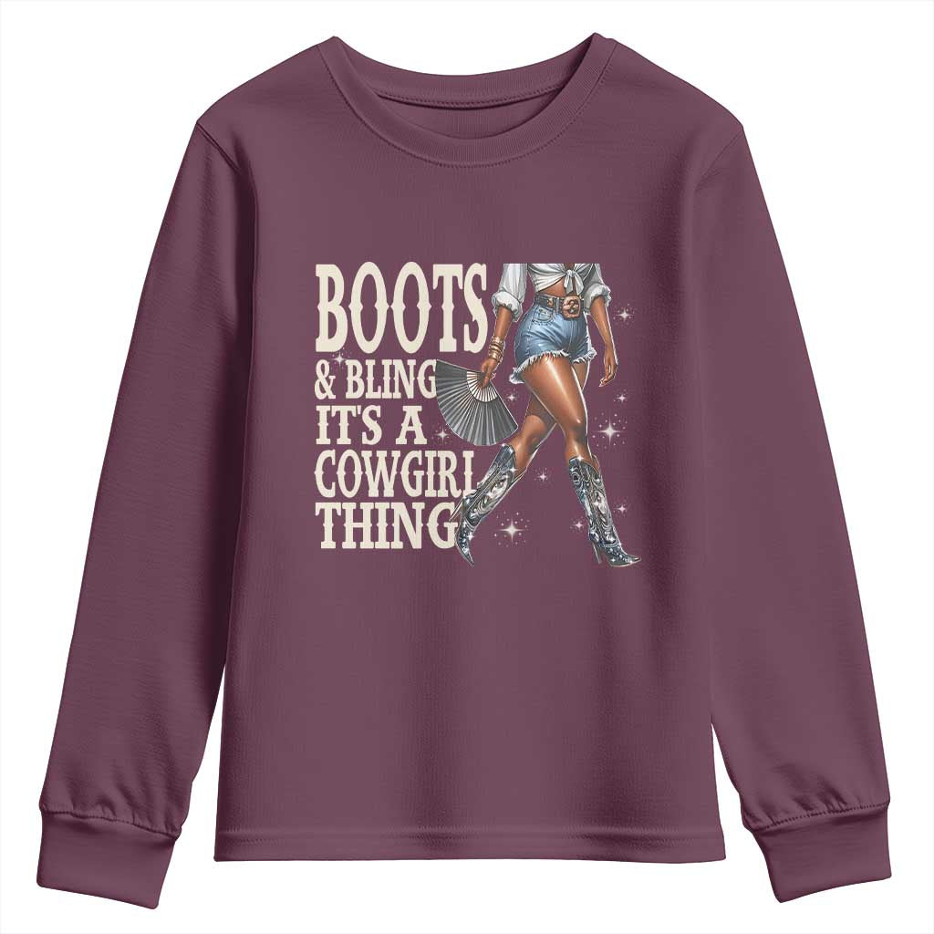 Funny African American Cowgirl Youth Sweatshirt Boots And Bling It's A Cowgirl Thing TS11 Maroon Print Your Wear