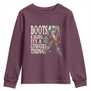 Funny African American Cowgirl Youth Sweatshirt Boots And Bling It's A Cowgirl Thing TS11 Maroon Print Your Wear