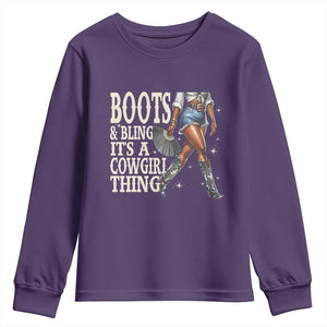 Funny African American Cowgirl Youth Sweatshirt Boots And Bling It's A Cowgirl Thing TS11 Purple Print Your Wear