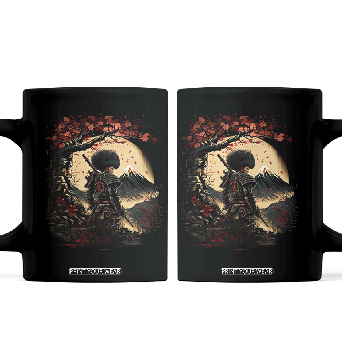 Funny African American Samurai Coffee Mug Japanese Art Black Warrior Sakura TS11 Black Print Your Wear