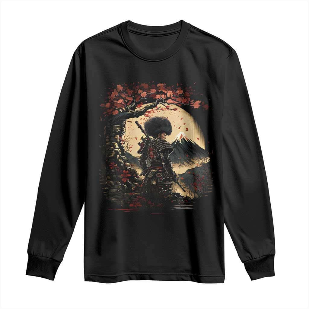Funny African American Samurai Long Sleeve Shirt Japanese Art Black Warrior Sakura TS11 Black Print Your Wear
