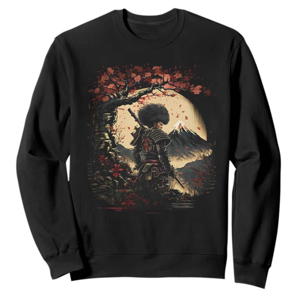 Funny African American Samurai Sweatshirt Japanese Art Black Warrior Sakura TS11 Black Print Your Wear