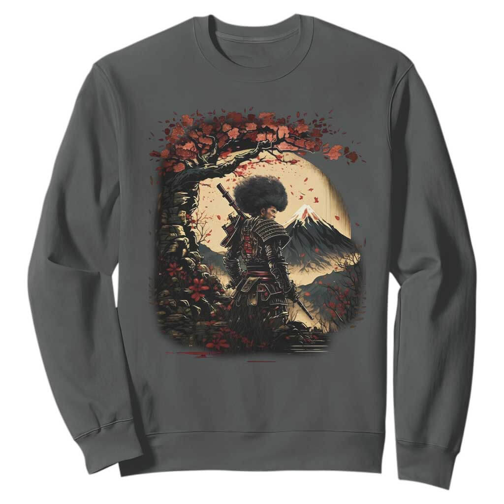 Funny African American Samurai Sweatshirt Japanese Art Black Warrior Sakura TS11 Dark Heather Print Your Wear