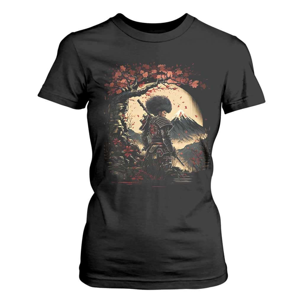 Funny African American Samurai T Shirt For Women Japanese Art Black Warrior Sakura TS11 Black Print Your Wear