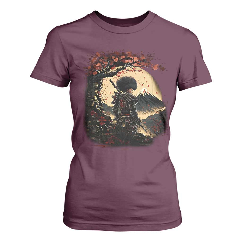 Funny African American Samurai T Shirt For Women Japanese Art Black Warrior Sakura TS11 Maroon Print Your Wear