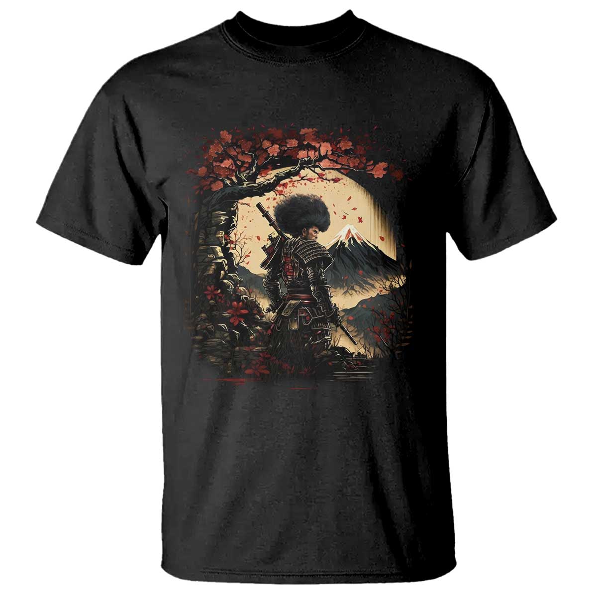 Funny African American Samurai T Shirt Japanese Art Black Warrior Sakura TS11 Black Print Your Wear
