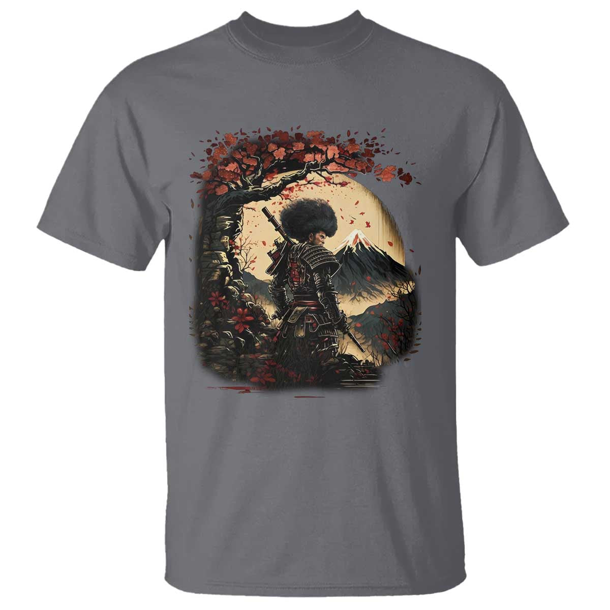 Funny African American Samurai T Shirt Japanese Art Black Warrior Sakura TS11 Charcoal Print Your Wear