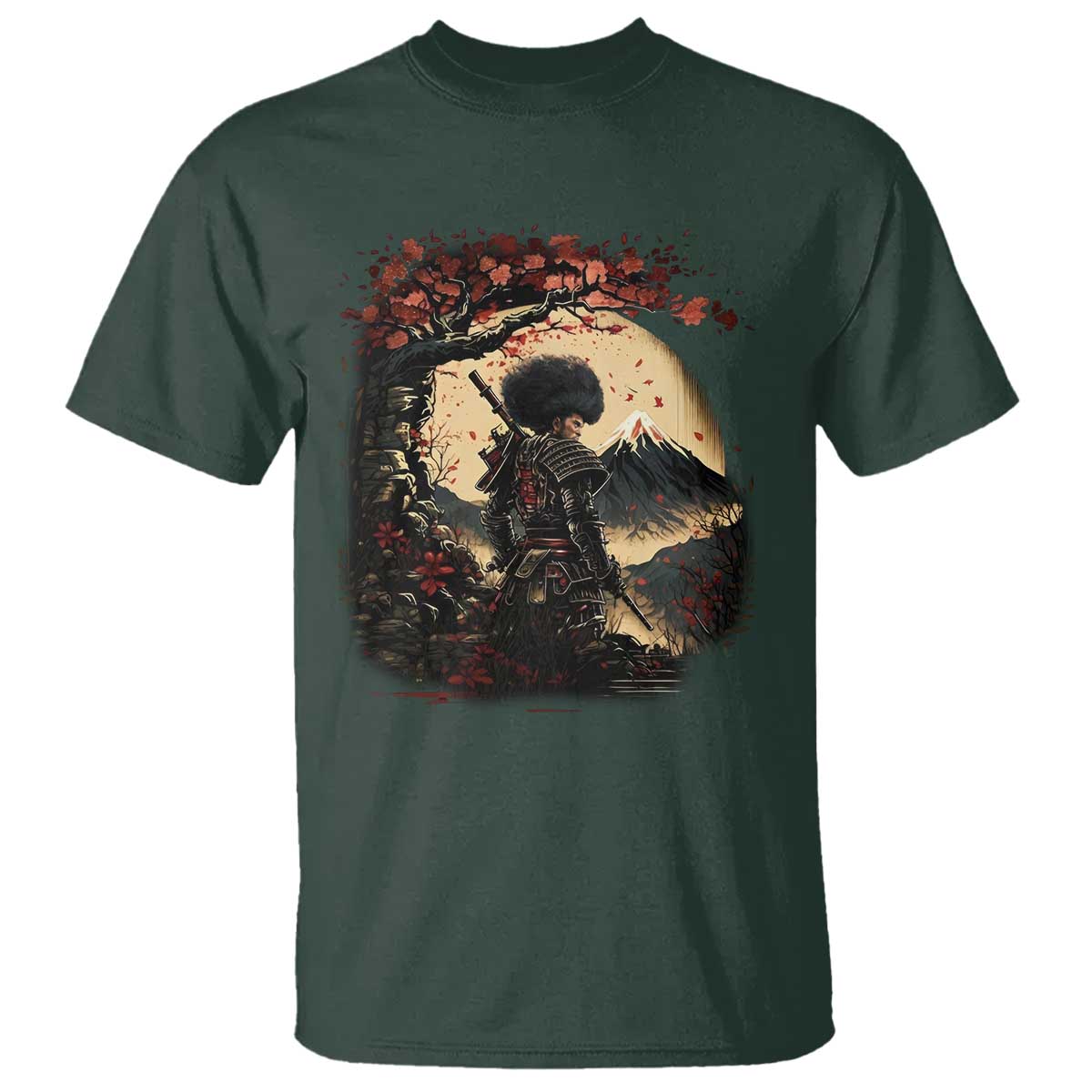Funny African American Samurai T Shirt Japanese Art Black Warrior Sakura TS11 Dark Forest Green Print Your Wear