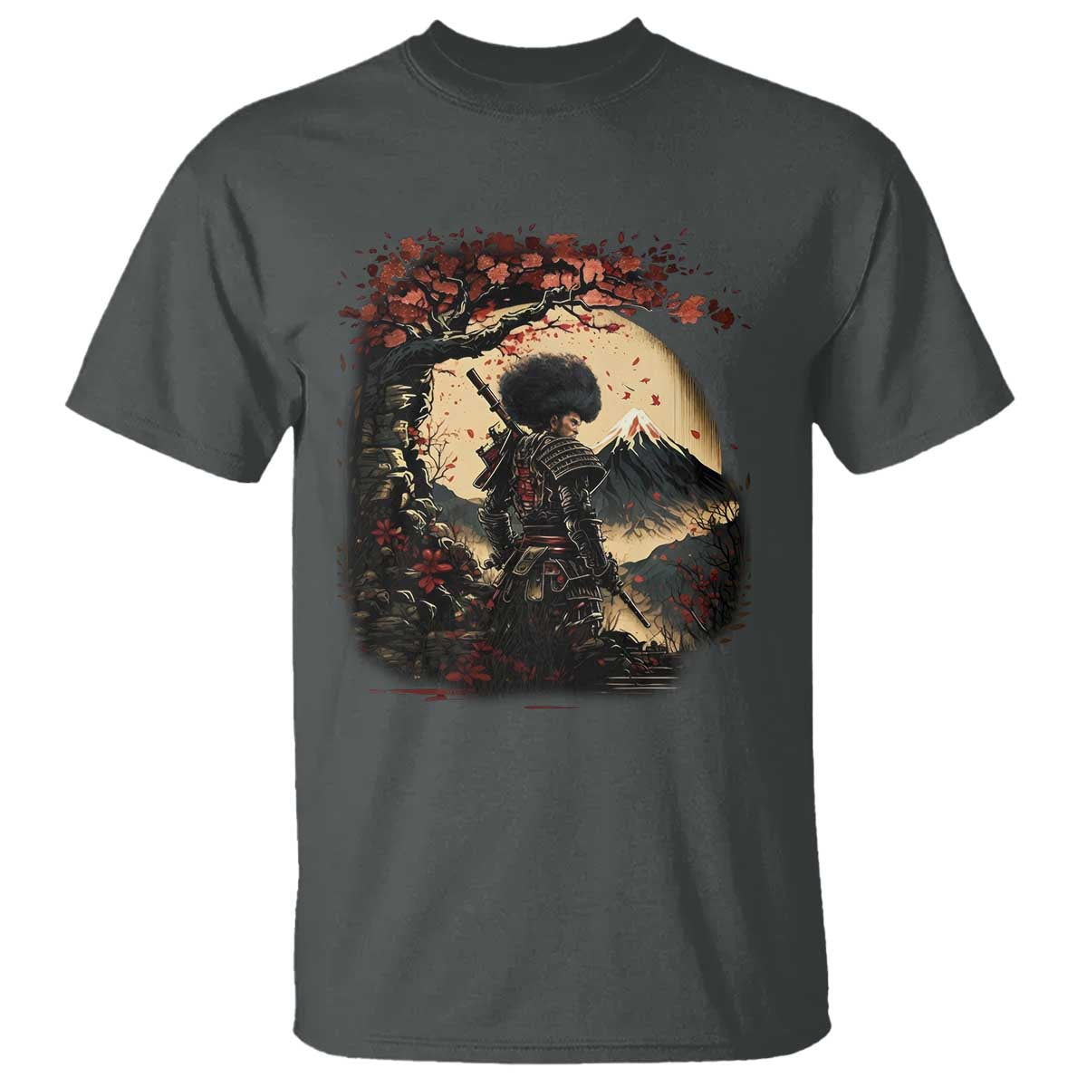 Funny African American Samurai T Shirt Japanese Art Black Warrior Sakura TS11 Dark Heather Print Your Wear