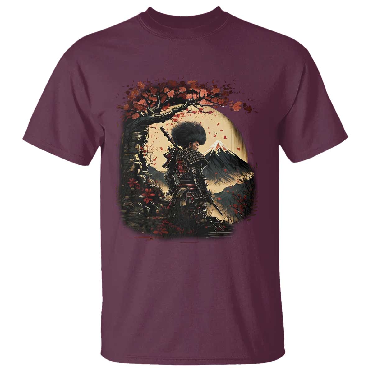 Funny African American Samurai T Shirt Japanese Art Black Warrior Sakura TS11 Maroon Print Your Wear