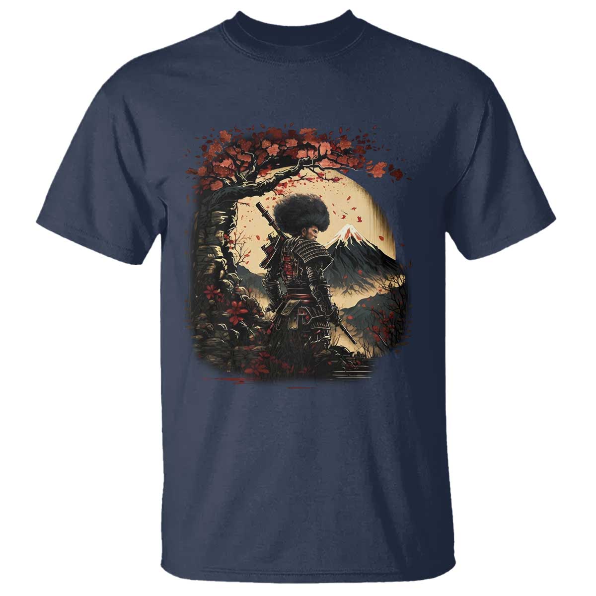 Funny African American Samurai T Shirt Japanese Art Black Warrior Sakura TS11 Navy Print Your Wear