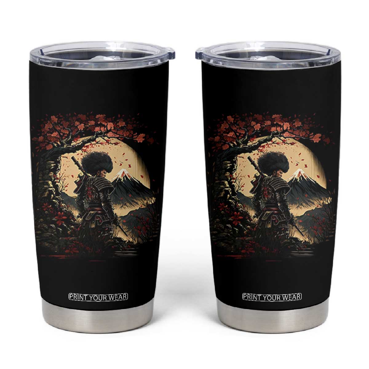 Funny African American Samurai Tumbler Cup Japanese Art Black Warrior Sakura TS11 Black Print Your Wear