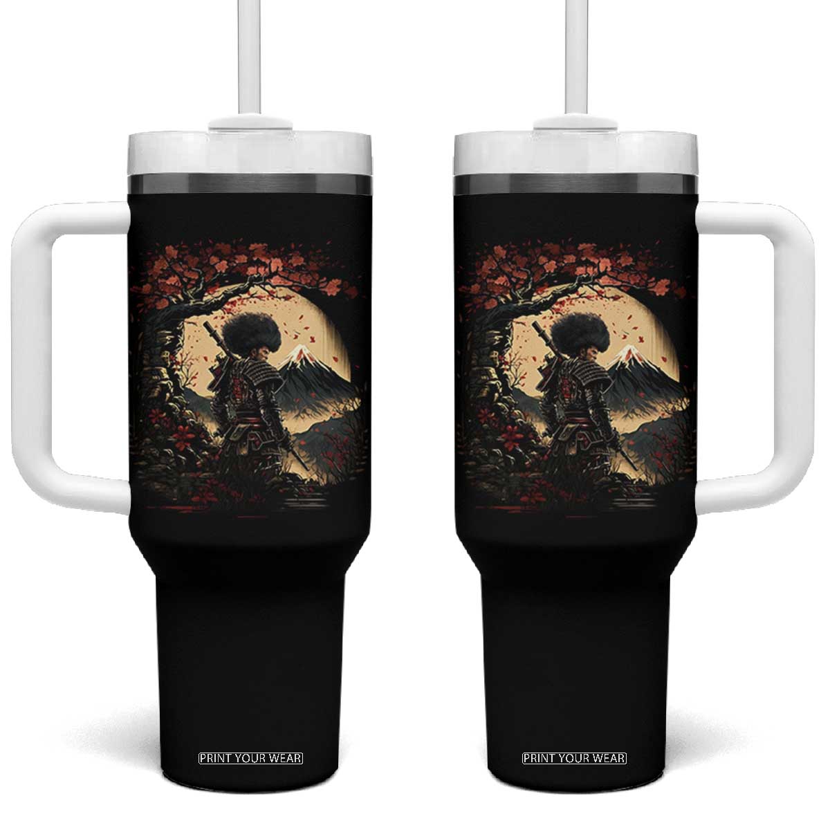 Funny African American Samurai Tumbler With Handle Japanese Art Black Warrior Sakura TS11 One Size: 40 oz Black Print Your Wear
