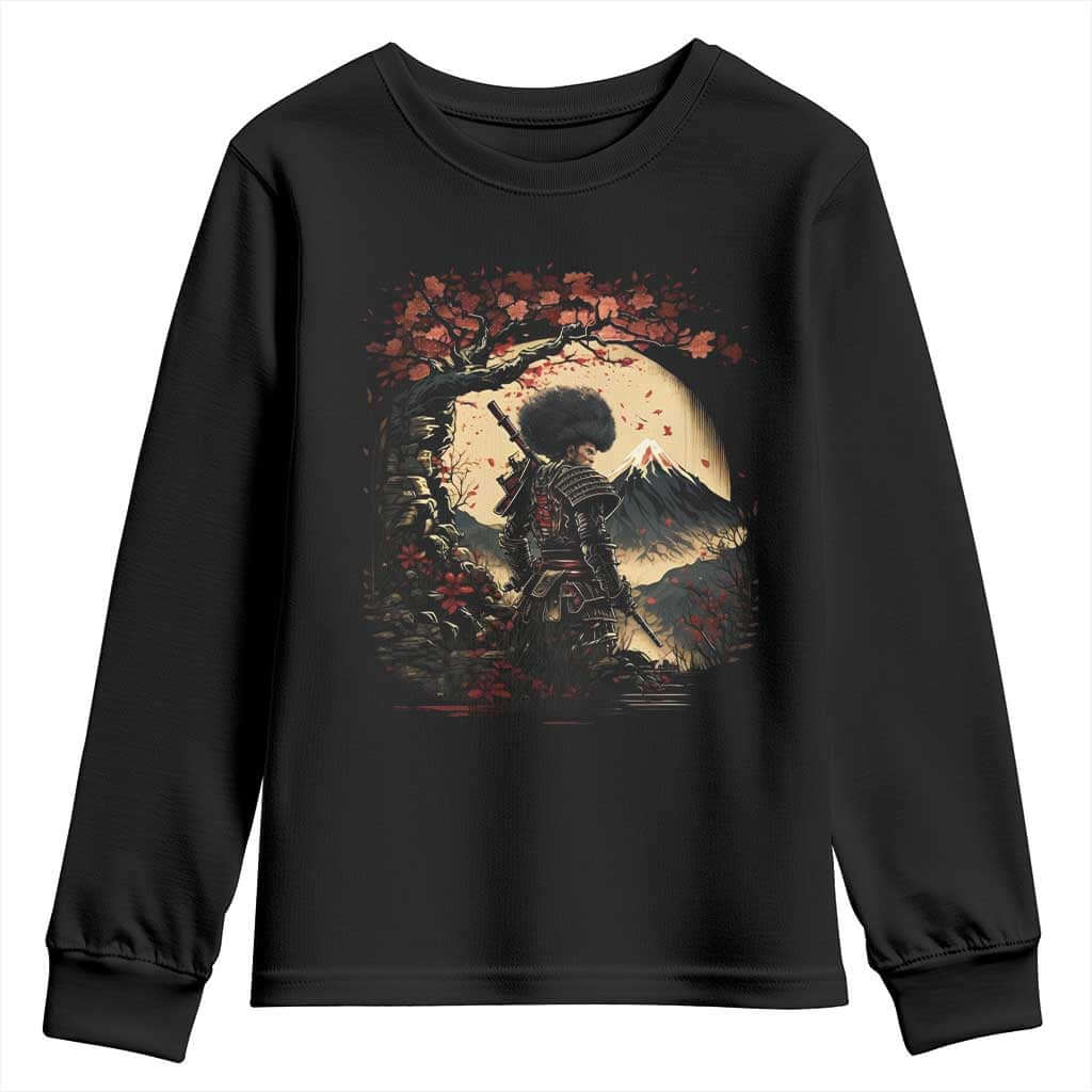 Funny African American Samurai Youth Sweatshirt Japanese Art Black Warrior Sakura TS11 Black Print Your Wear