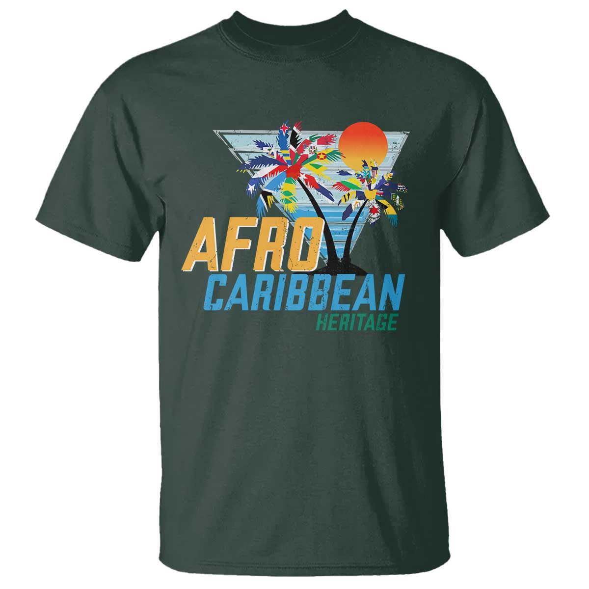 Funny Afro Caribbean Heritage T Shirt Caribbean Island Pride Flags Palm Tree TS11 Dark Forest Green Print Your Wear