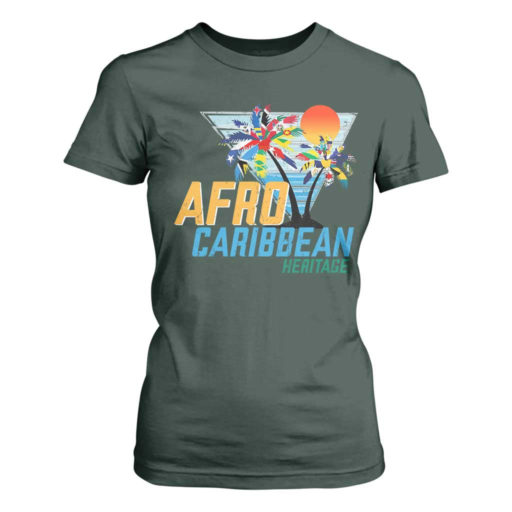 Funny Afro Caribbean Heritage T Shirt For Women Caribbean Island Pride Flags Palm Tree TS11 Dark Forest Green Print Your Wear