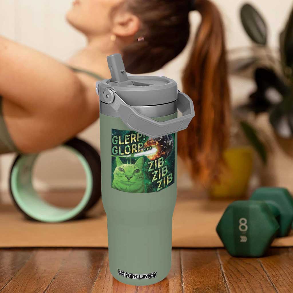 Funny Alien Cat Meme Flip Straw Tumbler Glerp Glorp Zib Zib TS09 One Size: 30 oz Moss Green Print Your Wear