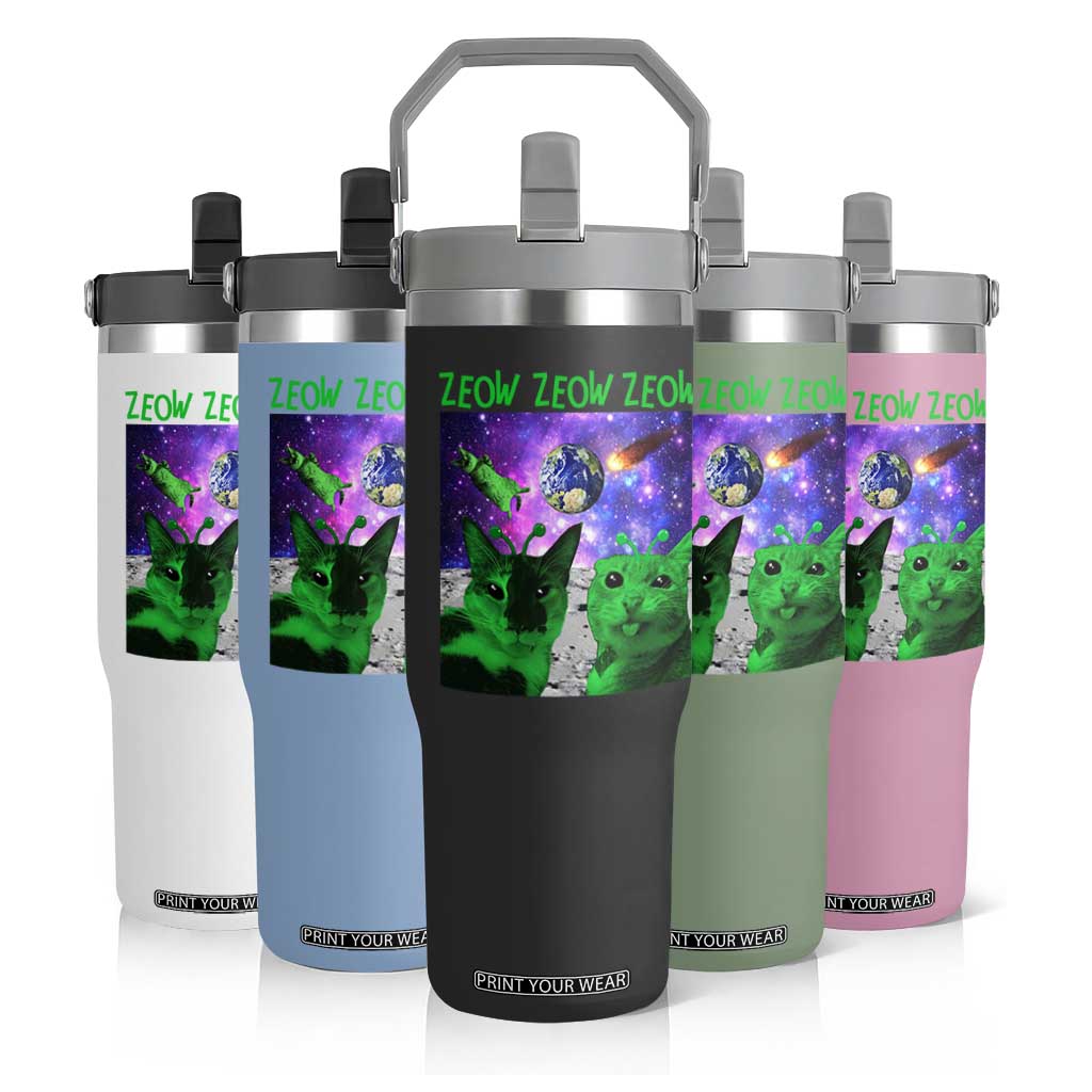 Funny Alien Cat Meme Flip Straw Tumbler Green Cats ZEOW ZEOW TS09 Print Your Wear