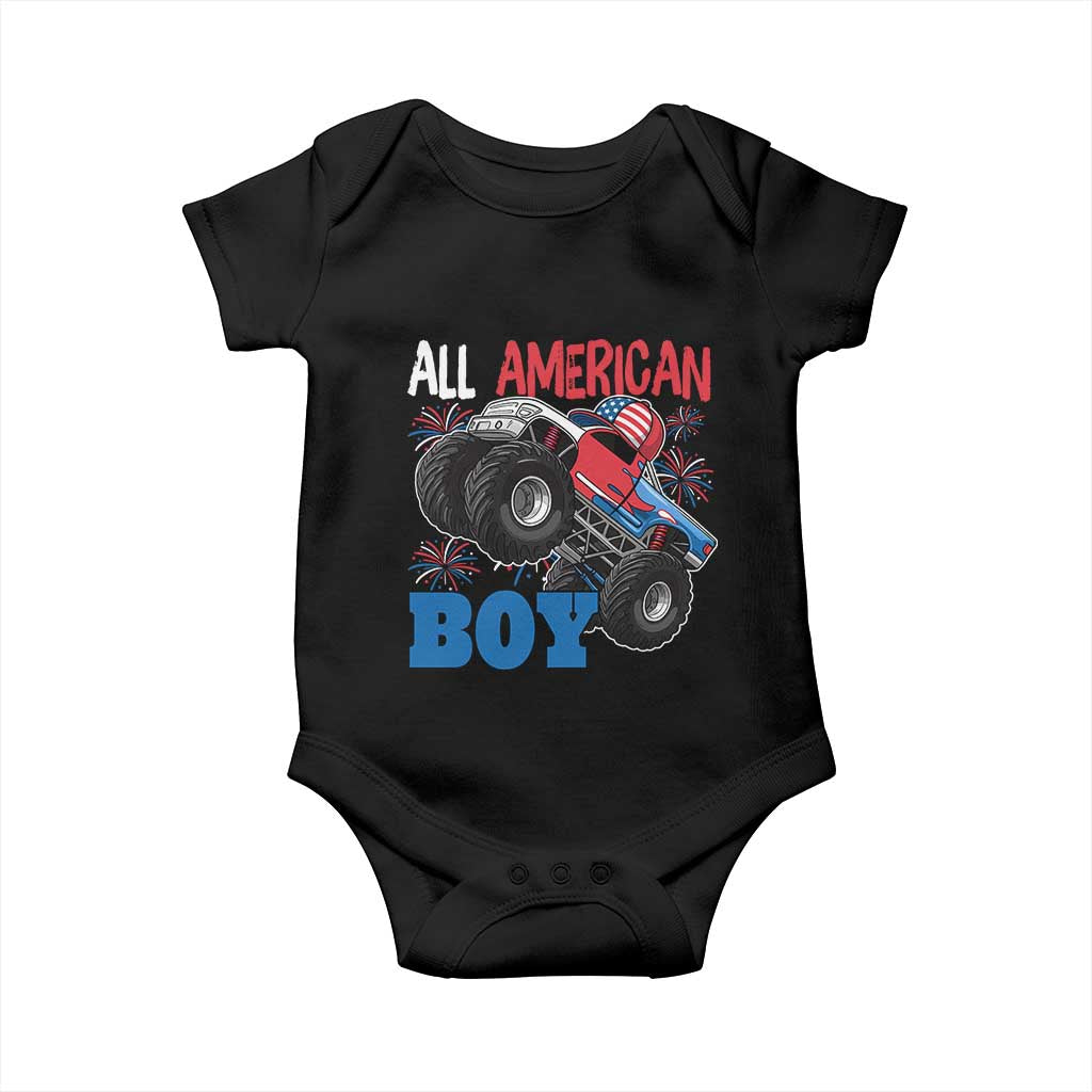 Funny All American Boy 4th Of July Baby Onesie Monster Trucks American Flag Fireworks TS11 Black Print Your Wear
