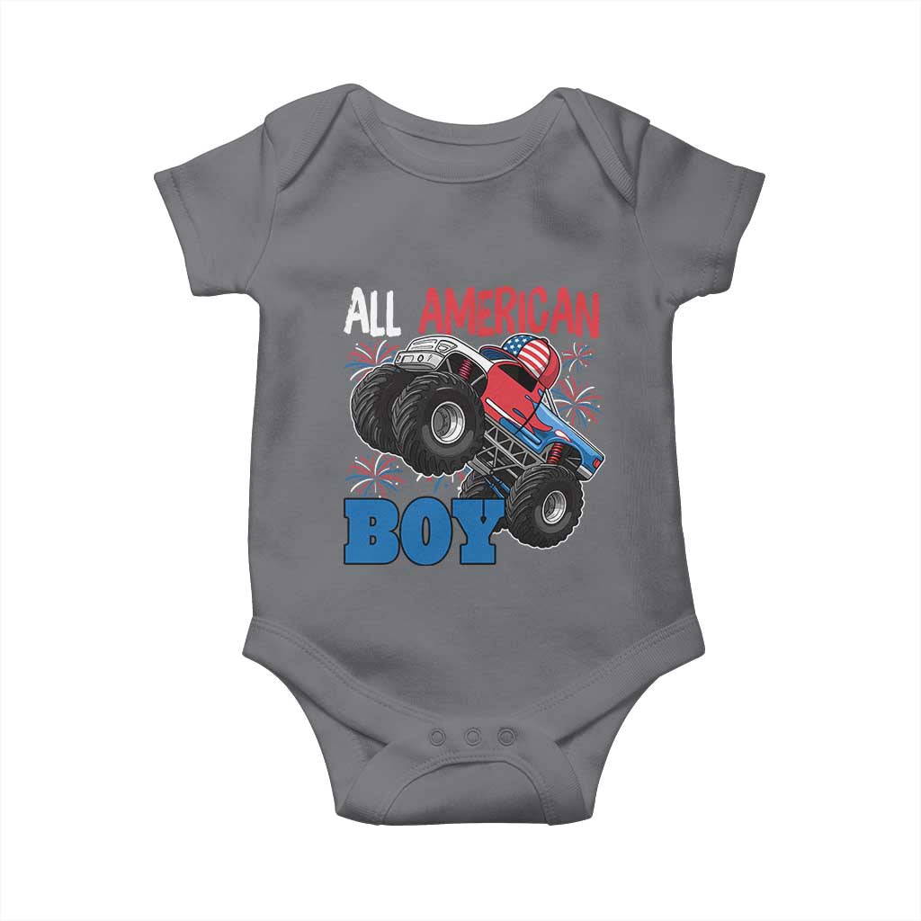 Funny All American Boy 4th Of July Baby Onesie Monster Trucks American Flag Fireworks TS11 Charcoal Print Your Wear