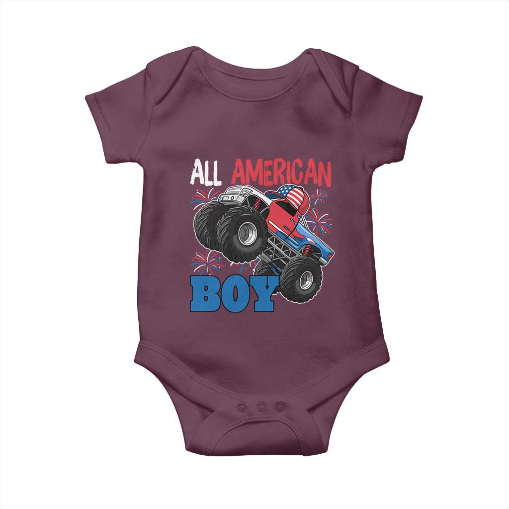 Funny All American Boy 4th Of July Baby Onesie Monster Trucks American Flag Fireworks TS11 Maroon Print Your Wear