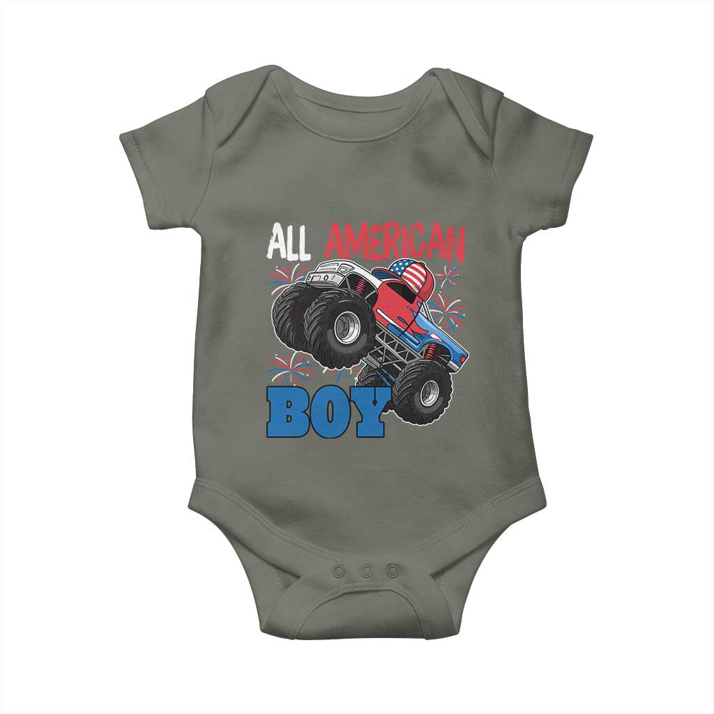 Funny All American Boy 4th Of July Baby Onesie Monster Trucks American Flag Fireworks TS11 Military Green Print Your Wear