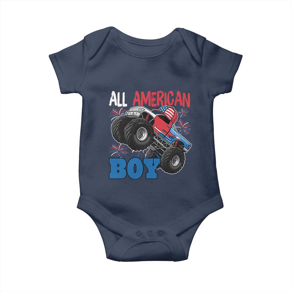 Funny All American Boy 4th Of July Baby Onesie Monster Trucks American Flag Fireworks TS11 Navy Print Your Wear