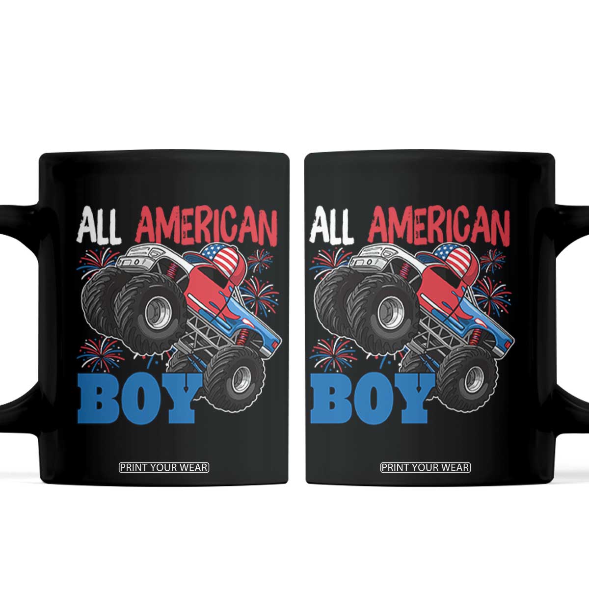 Funny All American Boy 4th Of July Coffee Mug Monster Trucks American Flag Fireworks TS11 Black Print Your Wear