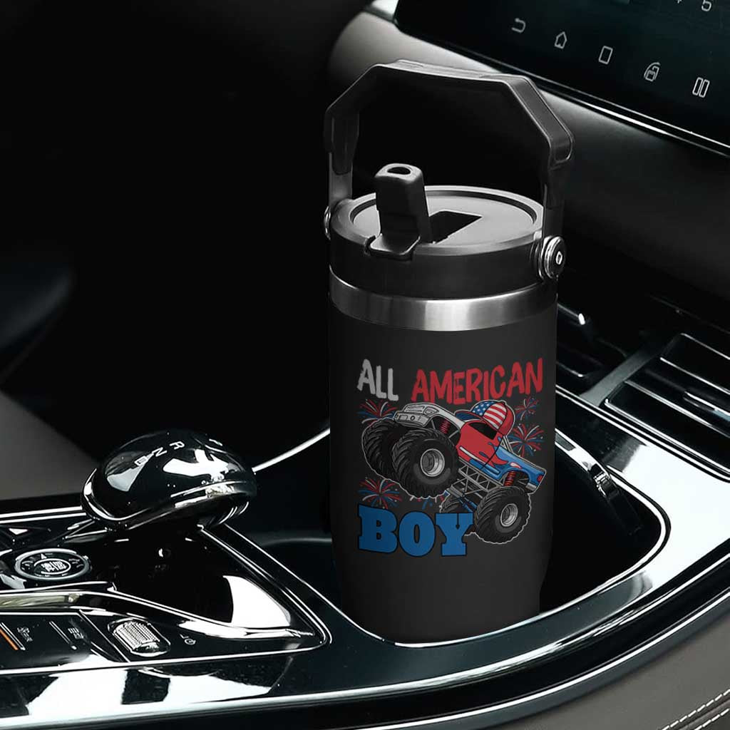 Funny All American Boy 4th Of July Flip Straw Tumbler Monster Trucks American Flag Fireworks TS11 Print Your Wear