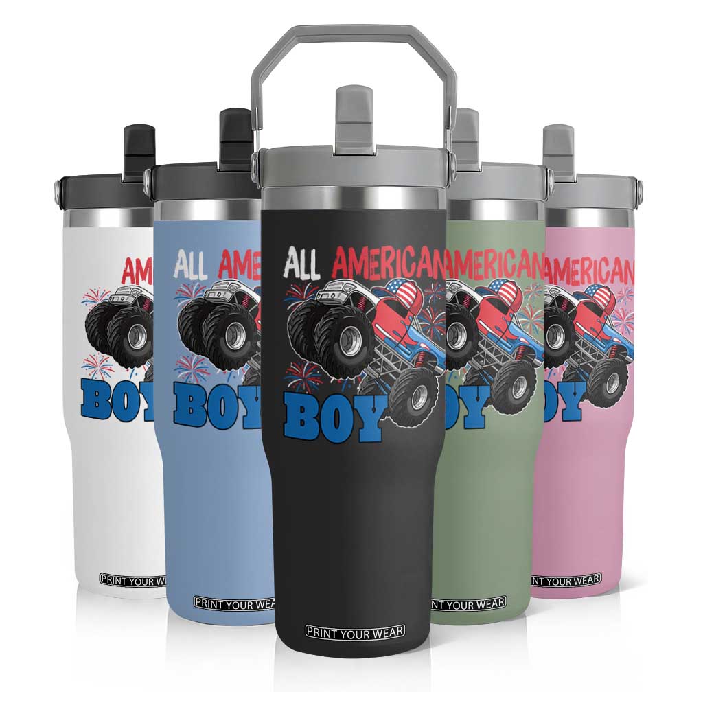 Funny All American Boy 4th Of July Flip Straw Tumbler Monster Trucks American Flag Fireworks TS11 Print Your Wear