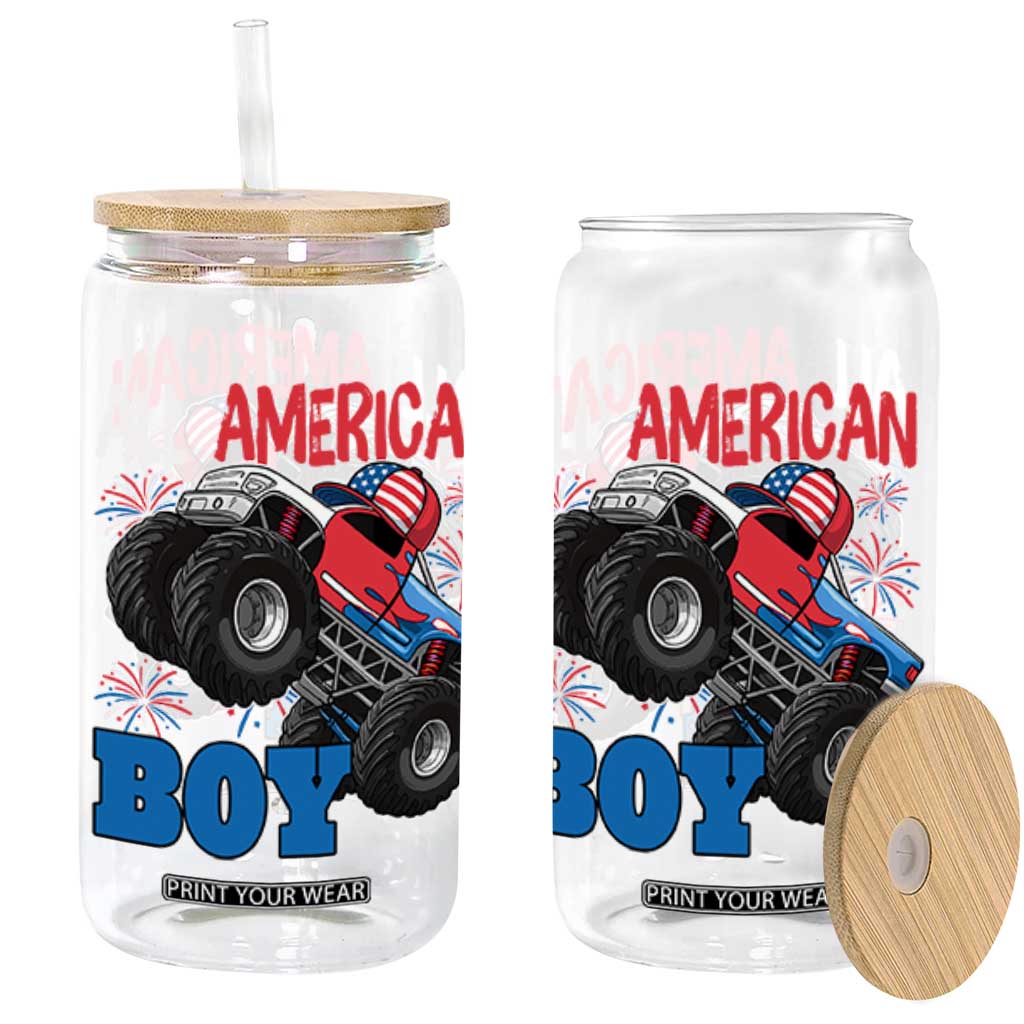 Funny All American Boy 4th Of July Glass Can Monster Trucks American Flag Fireworks TS11 Black Print Your Wear