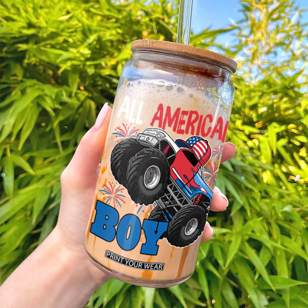 Funny All American Boy 4th Of July Glass Can Monster Trucks American Flag Fireworks TS11 Print Your Wear