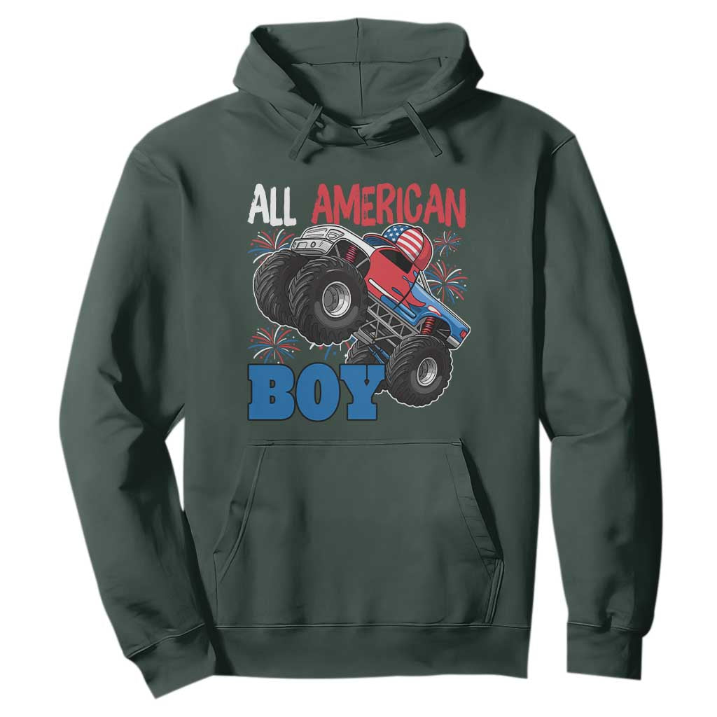 Funny All American Boy 4th Of July Hoodie Monster Trucks American Flag Fireworks TS11 Dark Forest Green Print Your Wear